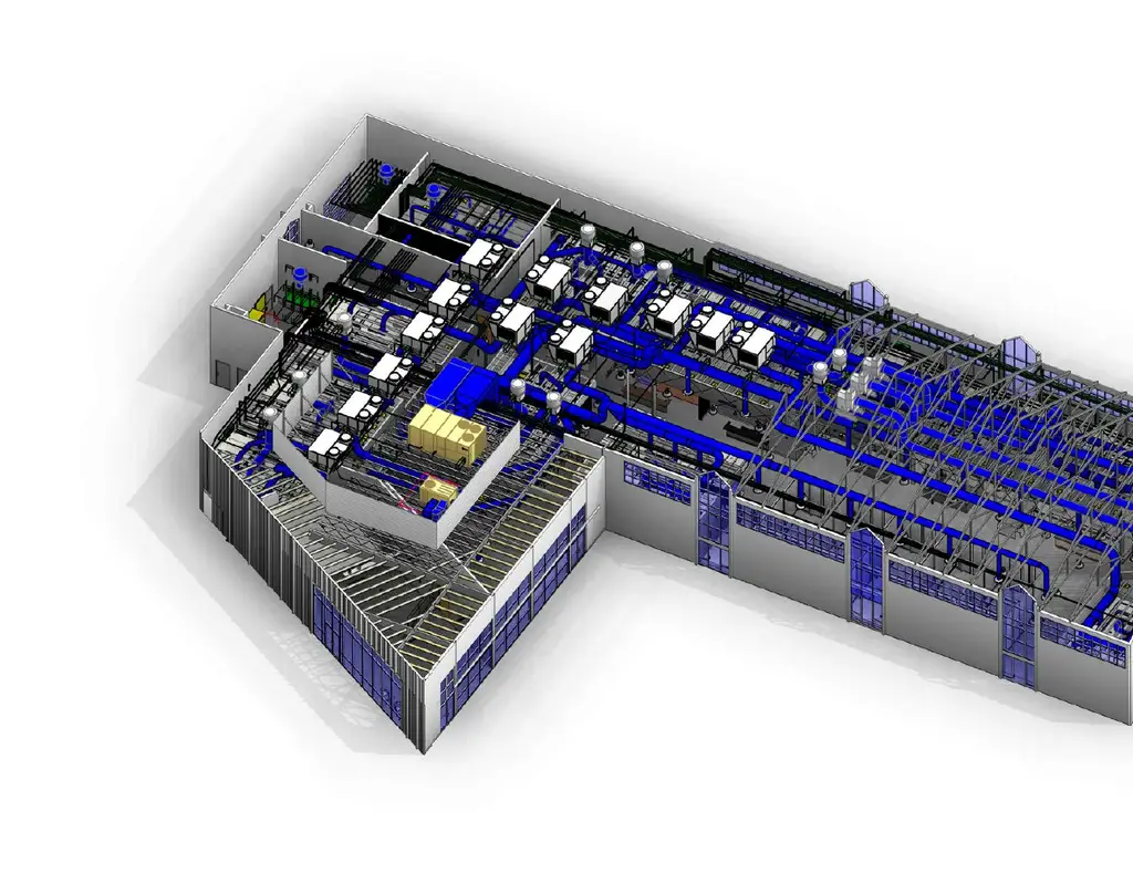 3D coordination model of Rodeo 72 showing structural framing, mechanical systems, and tenant infrastructure