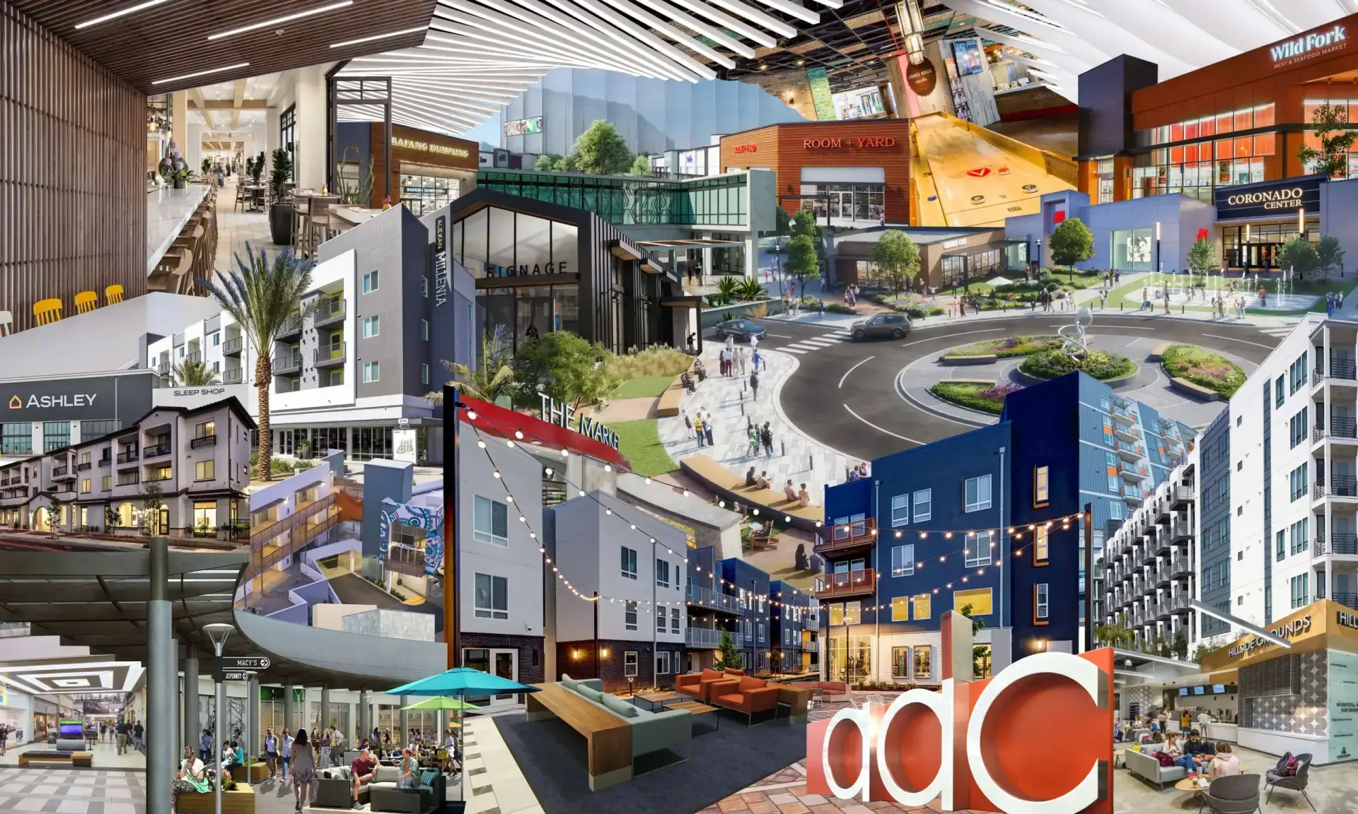 ADC office wall graphic featuring a collage of architecture and interior design projects