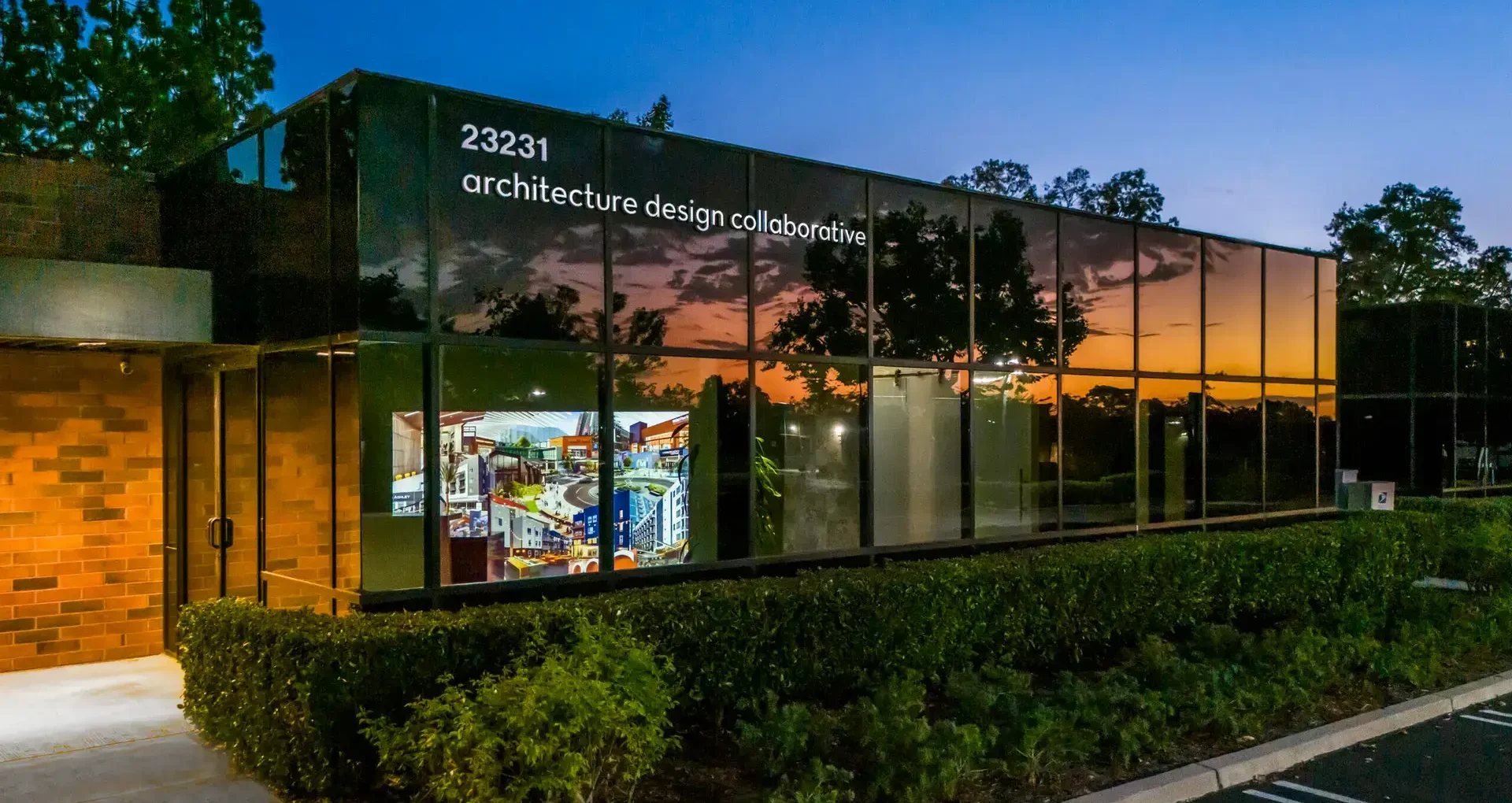 Architecture Design Collaborative office exterior in Laguna Hills, California at sunset.