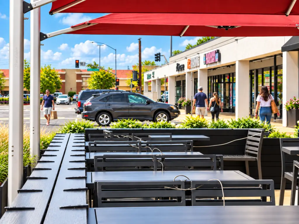 Renovated façades and outdoor dining plaza at Bristol Place in Santa Ana designed by Architecture Design Collaborative