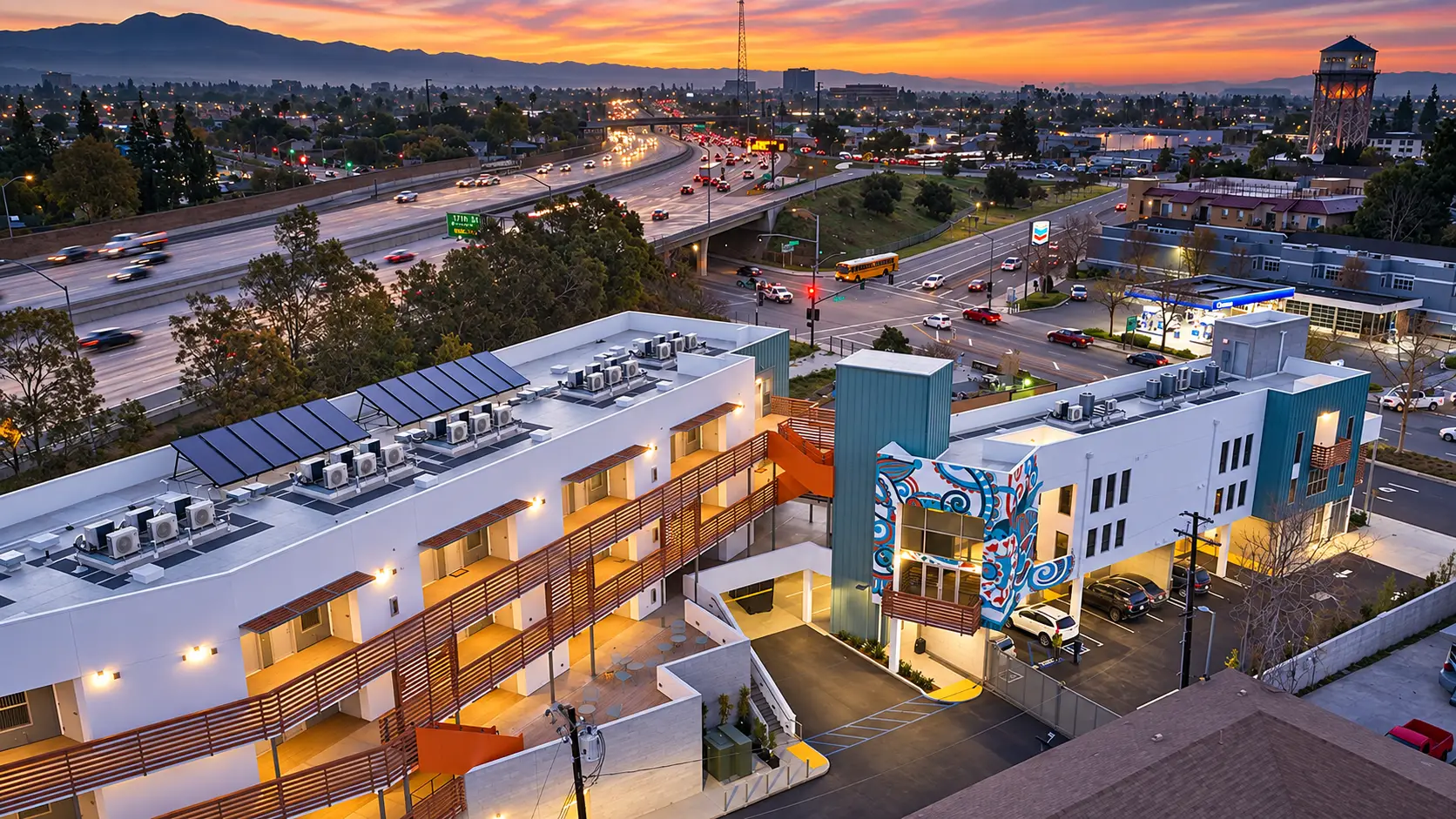 Casa Querencia residential development in Santa Ana, California, viewed from above at dusk