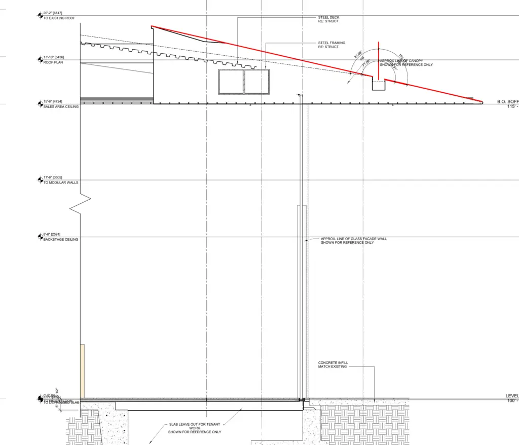 Building section drawing showing the Apple store canopy slope, steel framing, and existing roof relationship
