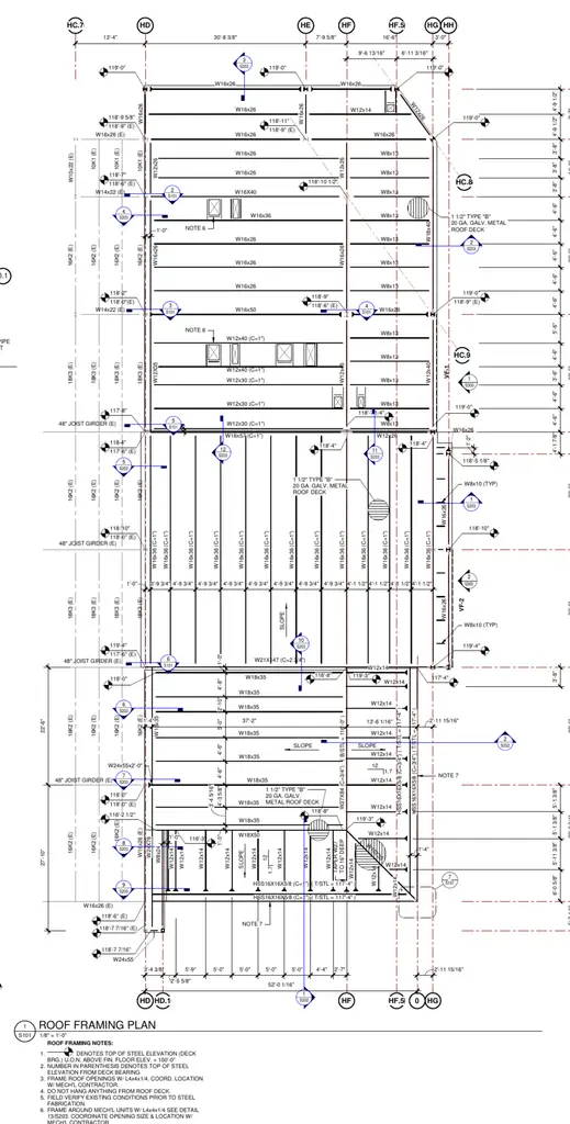 Apple store roof framing plan with steel joists, girders, deck, and mechanical openings