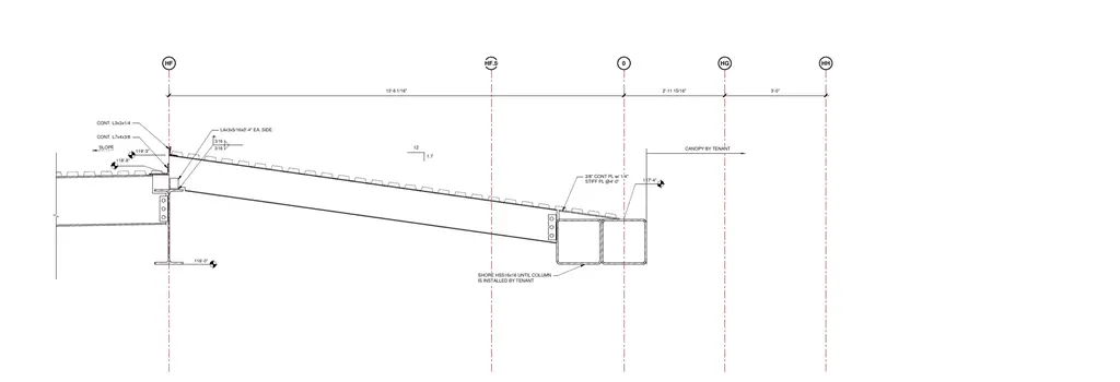 Apple store canopy section detail with sloped roof deck, steel tubes, and tenant canopy connection
