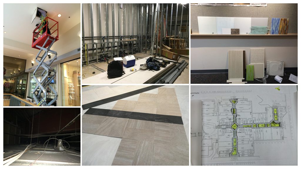 Process collage from a nationwide retail project: a worker on a scissor lift, metal stud framing, material and finish samples, a tile layout, exposed ceiling infrastructure, and a marked-up floor plan.