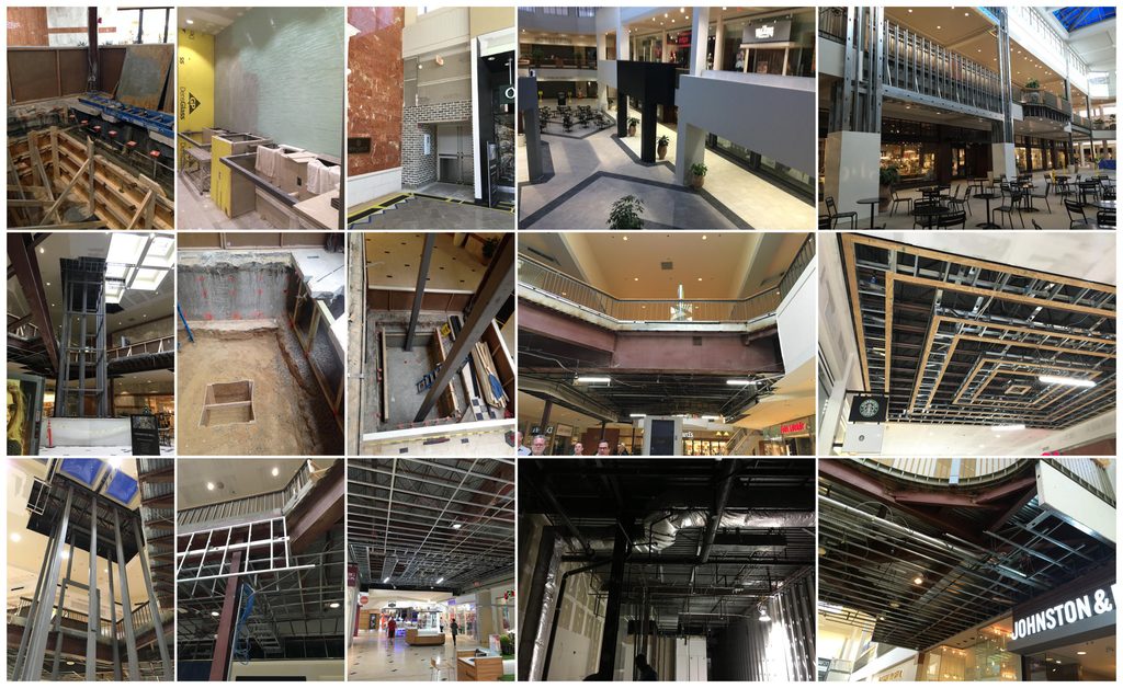 Photo grid of mall construction work, including excavation and forming, new steel and ceiling framing, atrium renovation, and mechanical systems above an active shopping center.