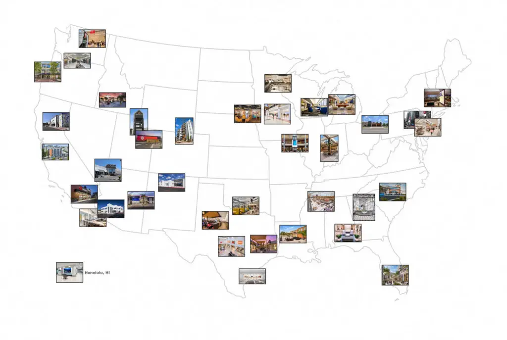 Map of the continental United States with thumbnail photos of architecture and retail projects placed near their city locations, plus a Honolulu, Hawaii inset.