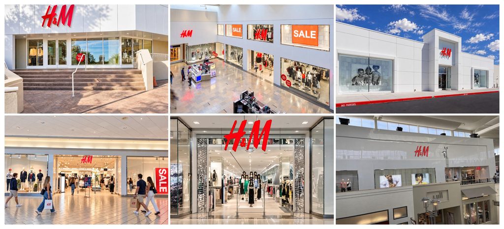 Six H&M storefront and interior photos showing exterior entries, mall in-line shops, sale displays, and a two-story store with large window graphics.