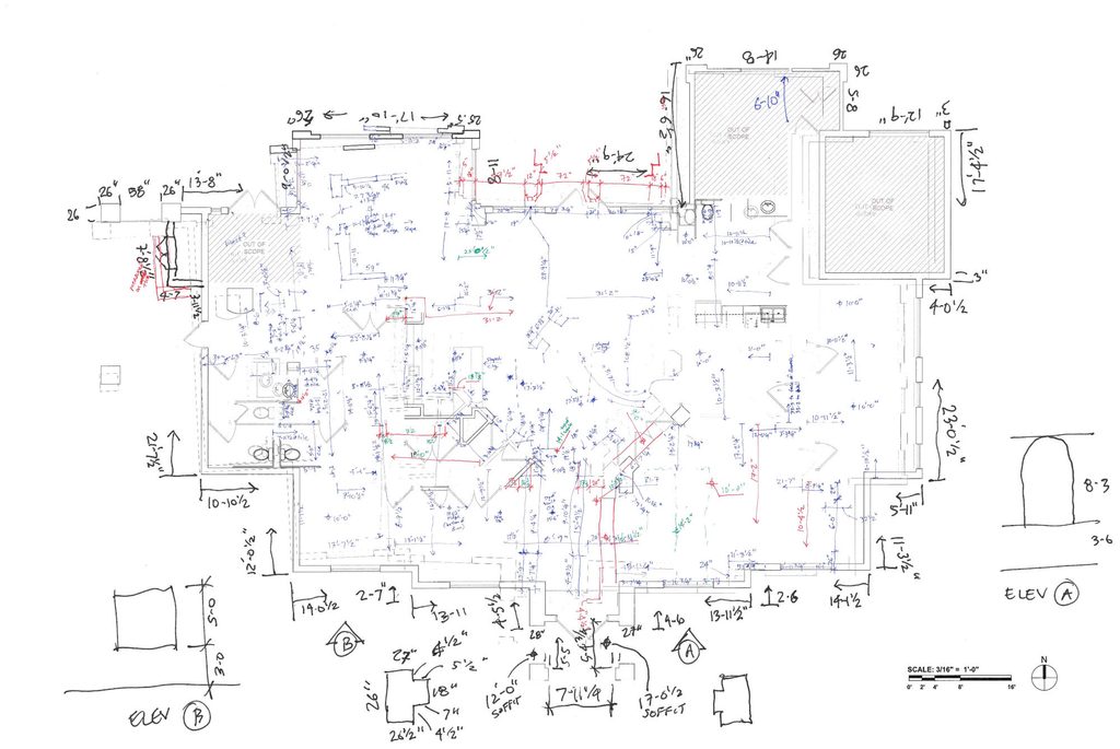 Hand-drawn field survey of a retail floor plan with handwritten exterior and interior dimensions, elevation sketches, a graphic scale, and a north arrow.