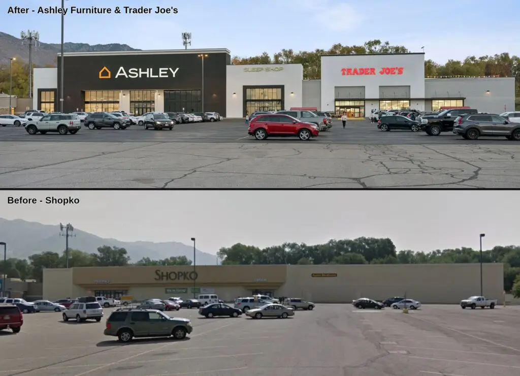 Before and after of a former Shopko store reused as Ashley Furniture, a Sleep Shop, and Trader Joe’s. The top photo shows the remodeled center with a dark Ashley storefront, a white Sleep Shop, and a white Trader Joe’s under a blue sky. The bottom photo shows the original low beige Shopko building with Pharmacy and Optical signs and a large parking lot in front.