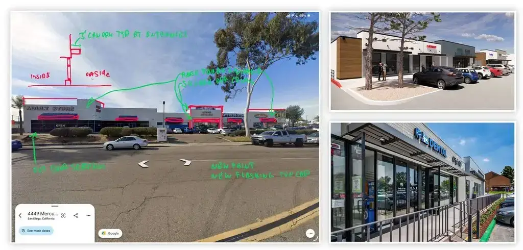 Annotated street-view of an existing strip center with handwritten notes on canopies, paint, and outdoor seating, shown beside a proposed storefront rendering and a photo of a completed glass-and-canopy tenant facade.