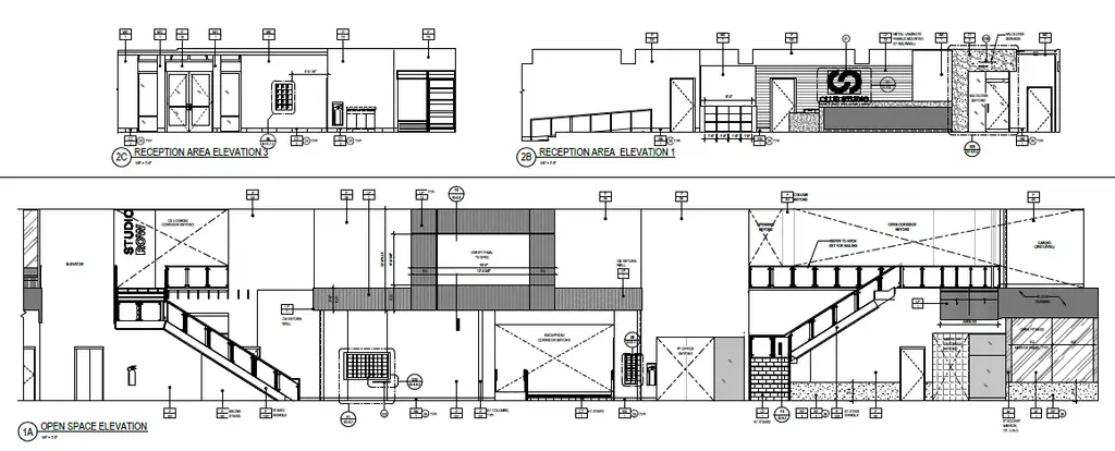 Architectural elevation drawings of a reception area and an open-space gym, showing stairs, a branded desk, lighting, and wall finishes.