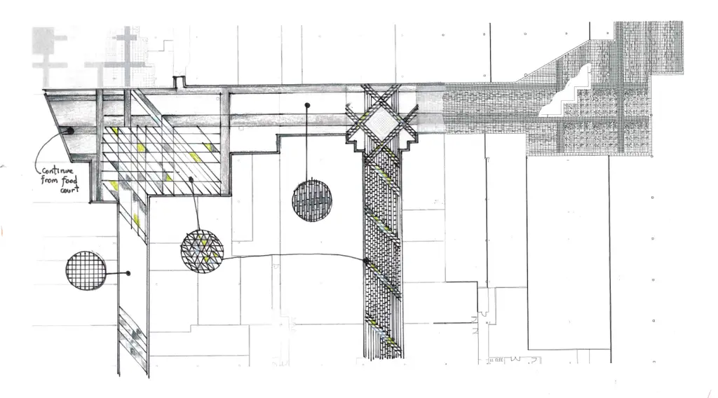 Hand-drawn floor plan sketch of a mall corridor and food-court connection, with notes, circular pendant lights, and hatched floor patterns.