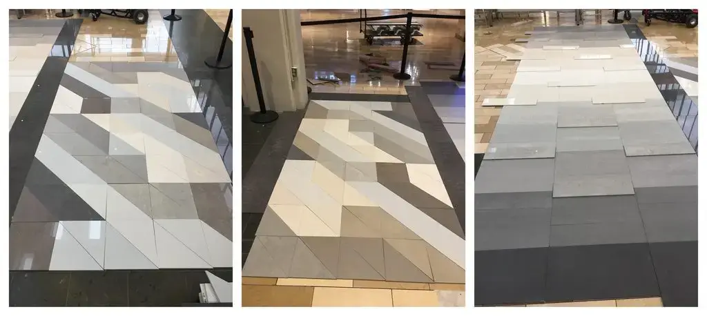Three side-by-side photos of tile mockups on a mall floor: two geometric triangle layouts in gray and white, and one linear gradient of rectangular tiles from light to dark gray.