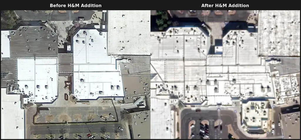 Aerial comparison of Coronado Center before and after the H&M addition