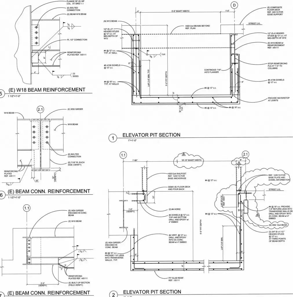 Structural drawings for Pioneer Place beam reinforcement and elevator pit sections