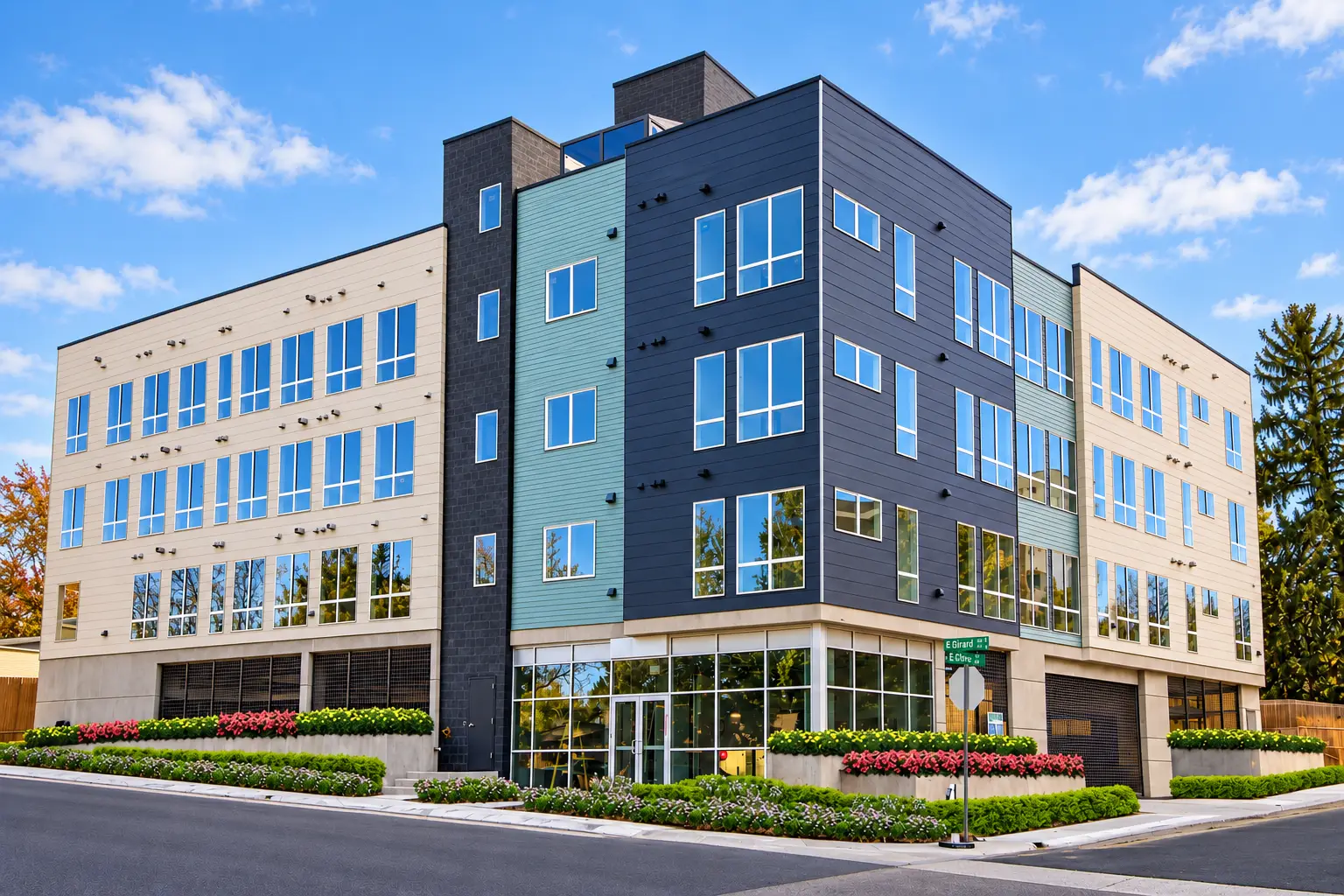 Exterior of 1100 E Girard Avenue in Denver, Colorado, featuring the contemporary multifamily building with blue, teal and cream facade panels.