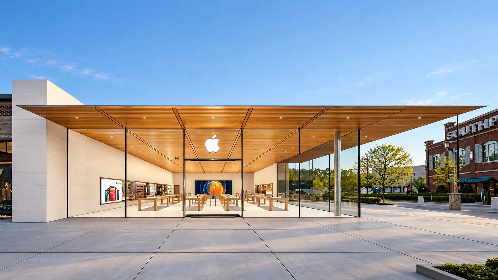 Exterior Apple Store at Streets at Southpoint in Durham, North Carolina, with a wood-lined canopy, glass walls, and the glowing Apple logo over the entry.