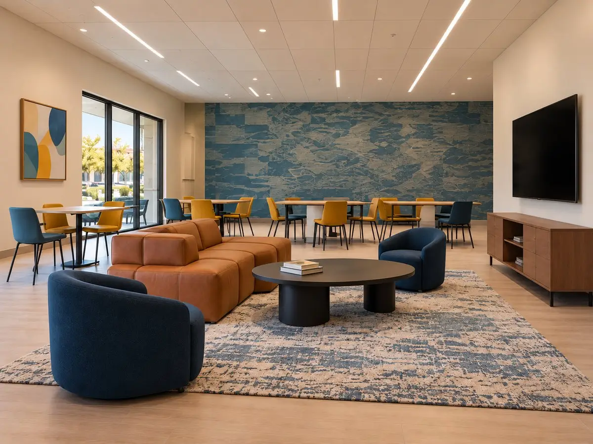 Casa Aliento community lounge in Oxnard, CA, with a caramel modular sofa, navy barrel chairs, black round coffee table, dining tables, and a blue textured feature wall.