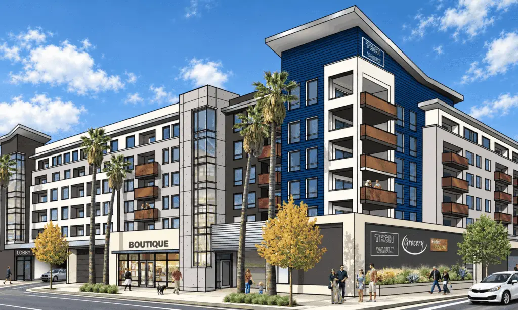 Conceptual mixed-use redevelopment in Culver City with new residential buildings, retail, and neighborhood grocery