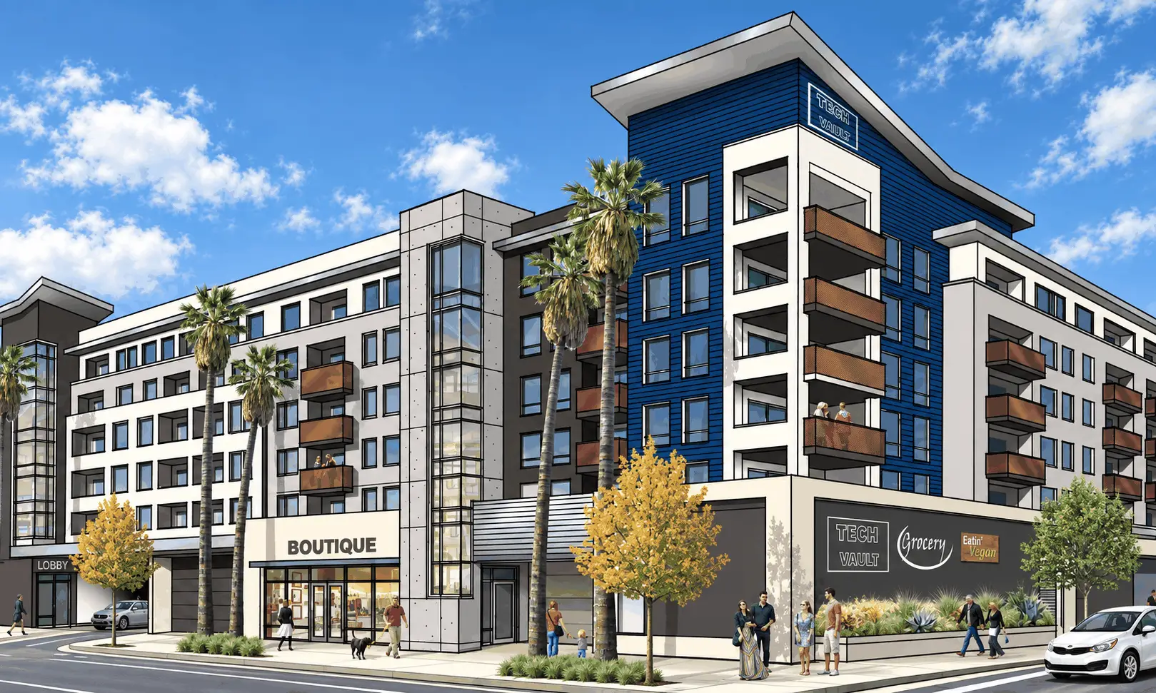 Conceptual mixed-use redevelopment in Culver City with new residential buildings, retail, and neighborhood grocery