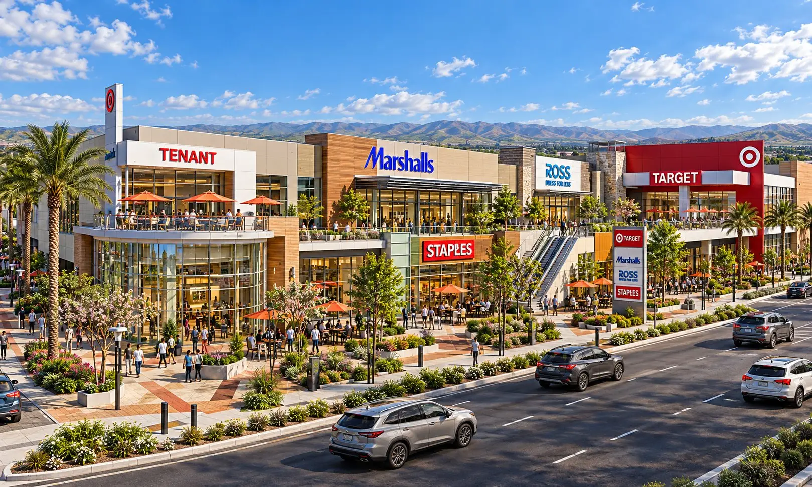 Street view of District Square in Los Angeles with the glass corner pavilion, Marshalls, Staples, Ross Dress for Less, and Target along a landscaped plaza, mountains in the background.