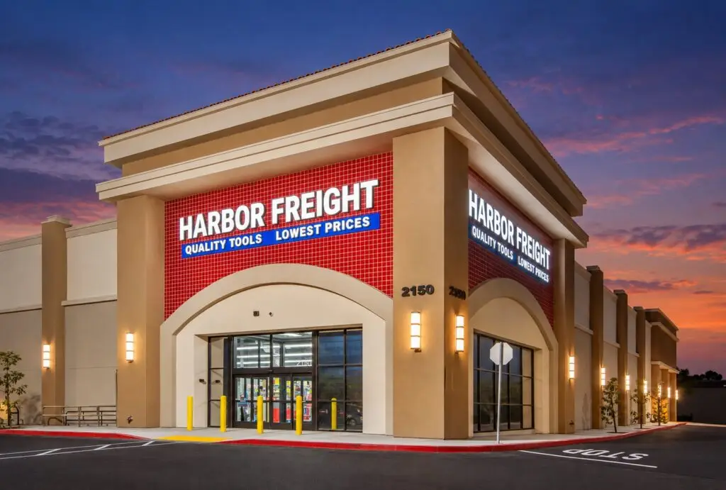 Harbor Freight storefront renovation in Irvine, California with illuminated signage and updated retail facade