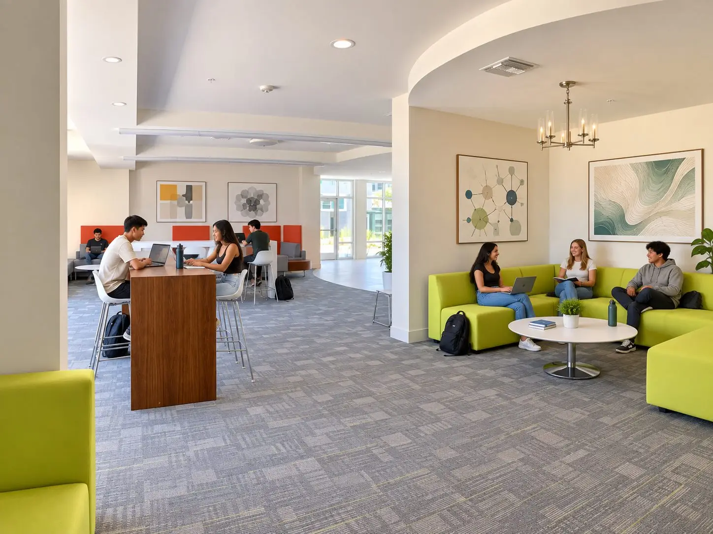 Student lounge at Oasis Apartments in Claremont with a lime-green sectional under a chandelier, a walnut high-top with white stools, and study booths with orange screens. Students work on laptops and talk. Gray patterned carpet, abstract art, and glass doors at the far end.