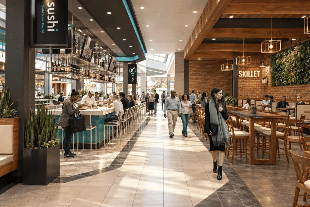 Perimeter Food Hall concept with sushi bar, restaurant seating, and central pedestrian path