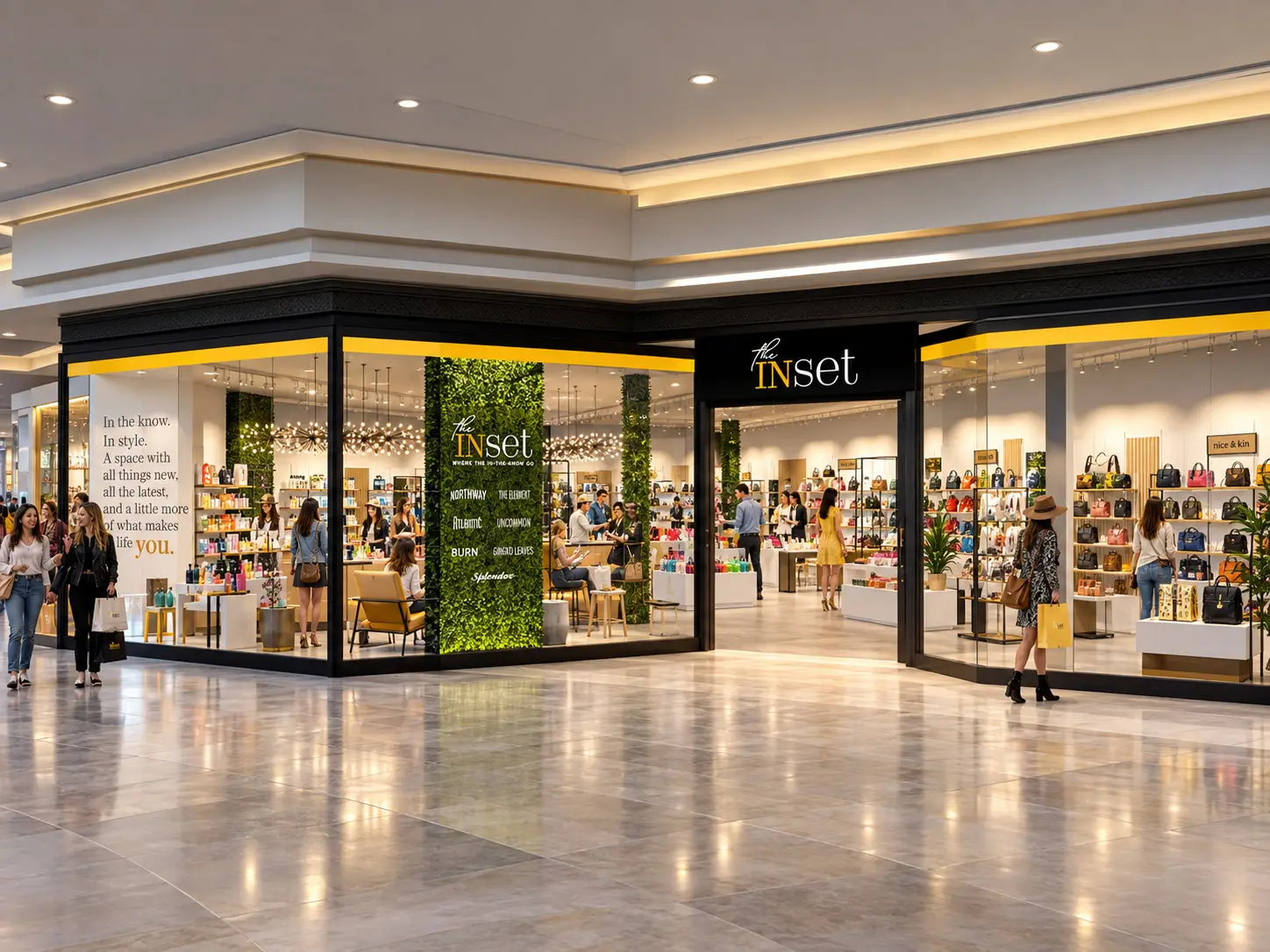 Corner storefront of The Inset retail prototype, with a black and gold facade, living-wall directory, open glass entry, and views into beauty, lounge, and handbag displays along the mall concourse.