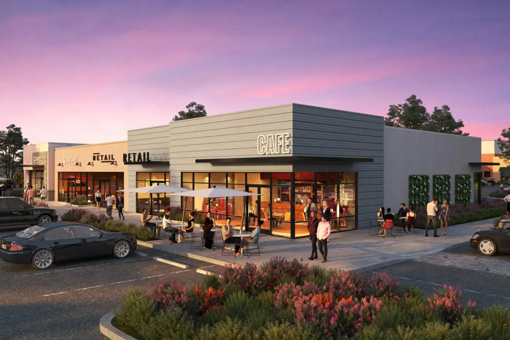 Dusk rendering of Upland Plaza with a corner cafe pavilion, outdoor dining, and a retail row beyond