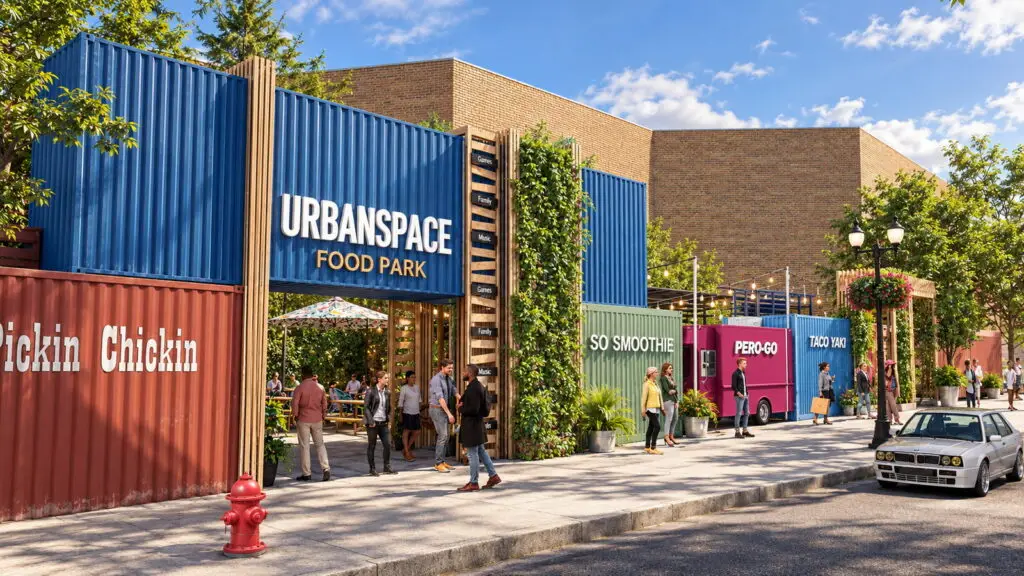 Street entrance to Urbanspace Food Park at Glendale Galleria in Glendale, California, with a blue shipping-container portal reading URBANSPACE FOOD PARK, a red Pickin Chickin container, wood slat totems, and lined-up food stalls including So Smoothie, Pero-Go, and Taco Yaki.
