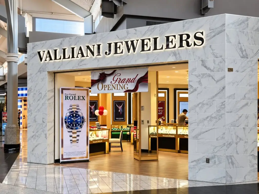 Valliani Jewelers Palmdale marble storefront with halo-lit signage, an open bay, and a Grand Opening banner over the sales floor.