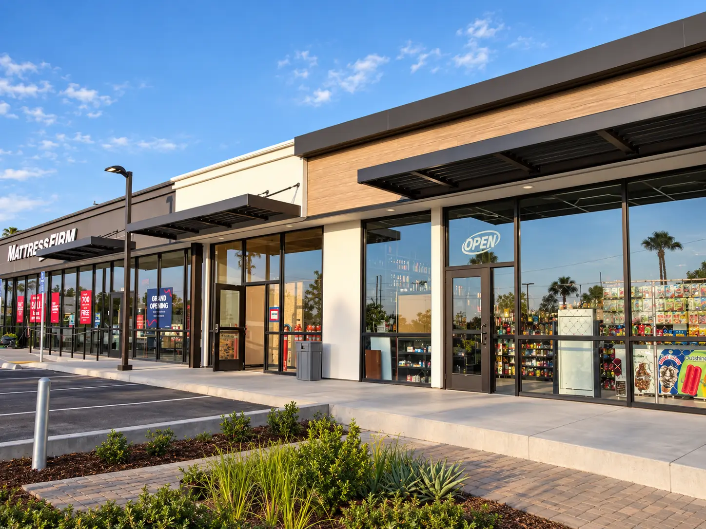 Western Plaza shopping center in Rancho Palos Verdes with renovated storefronts and outdoor dining areas, designed by Architecture Design Collaborative