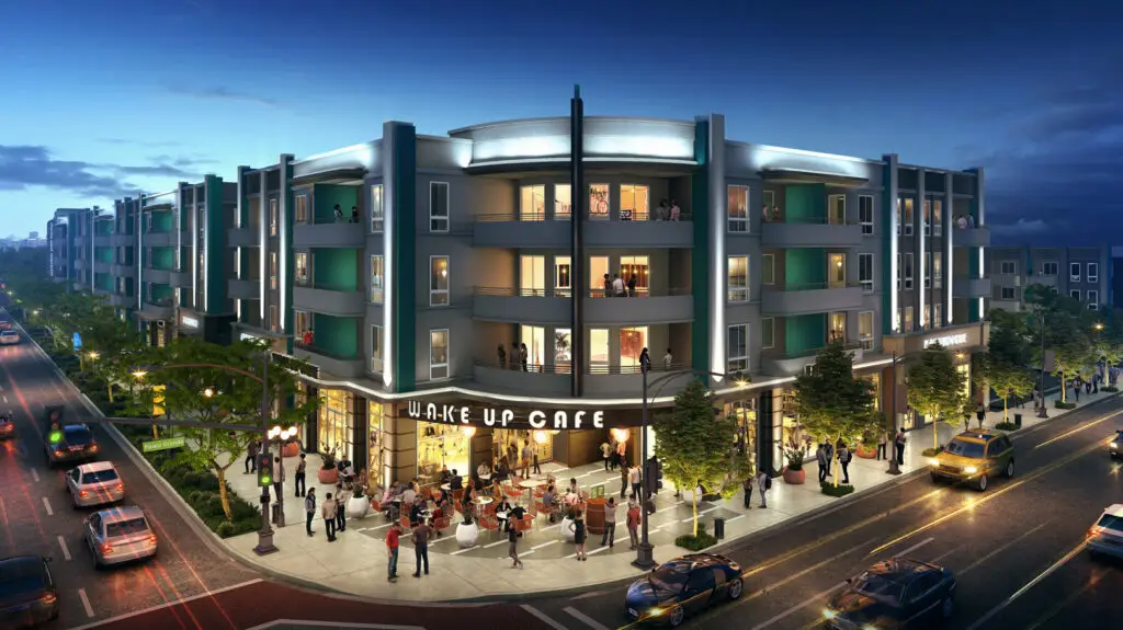 Rendering of San Lorenzo Village mixed-use development in San Lorenzo, California, designed by Architecture Design Collaborative