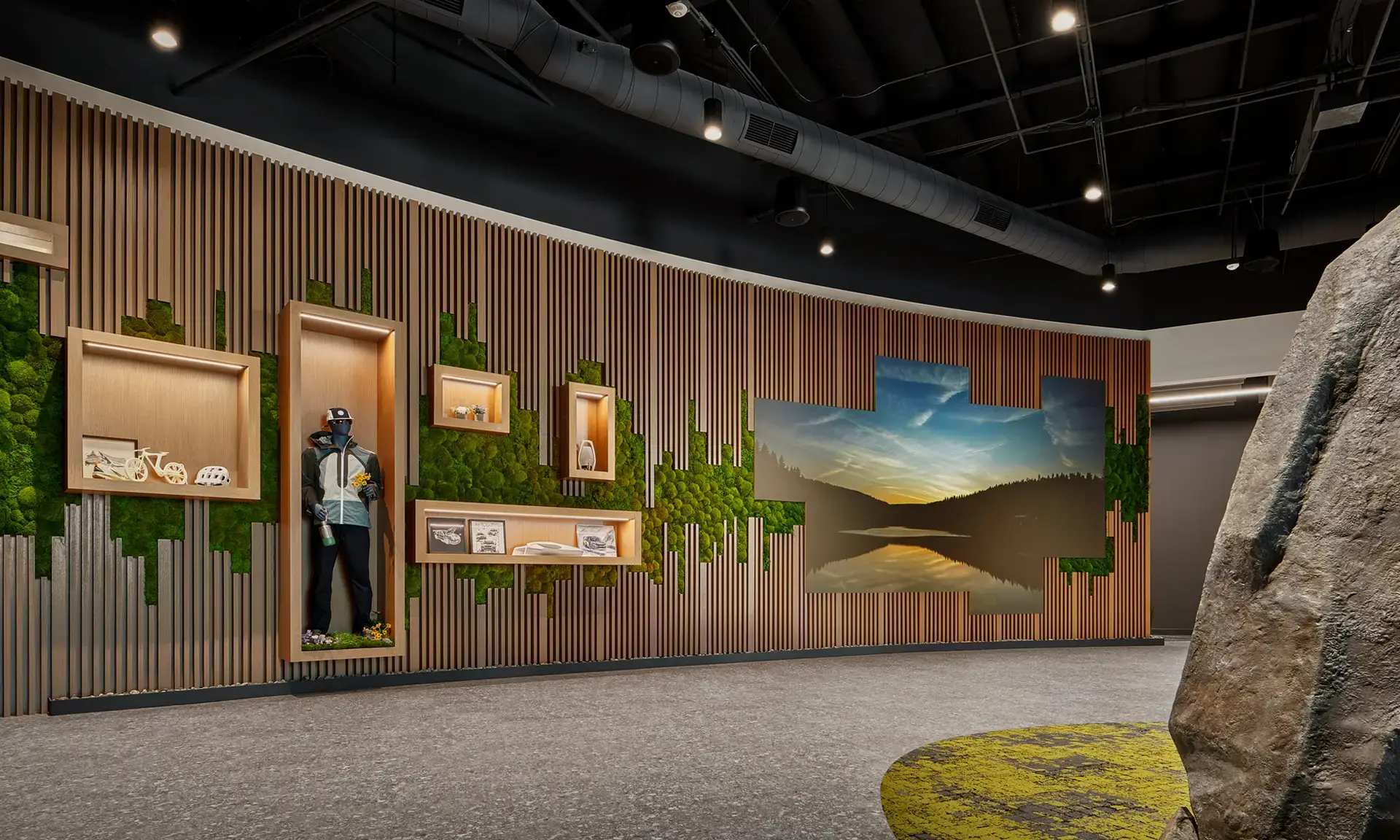 Subaru design studio in Tustin, California, featuring a custom wood slat and preserved moss display wall