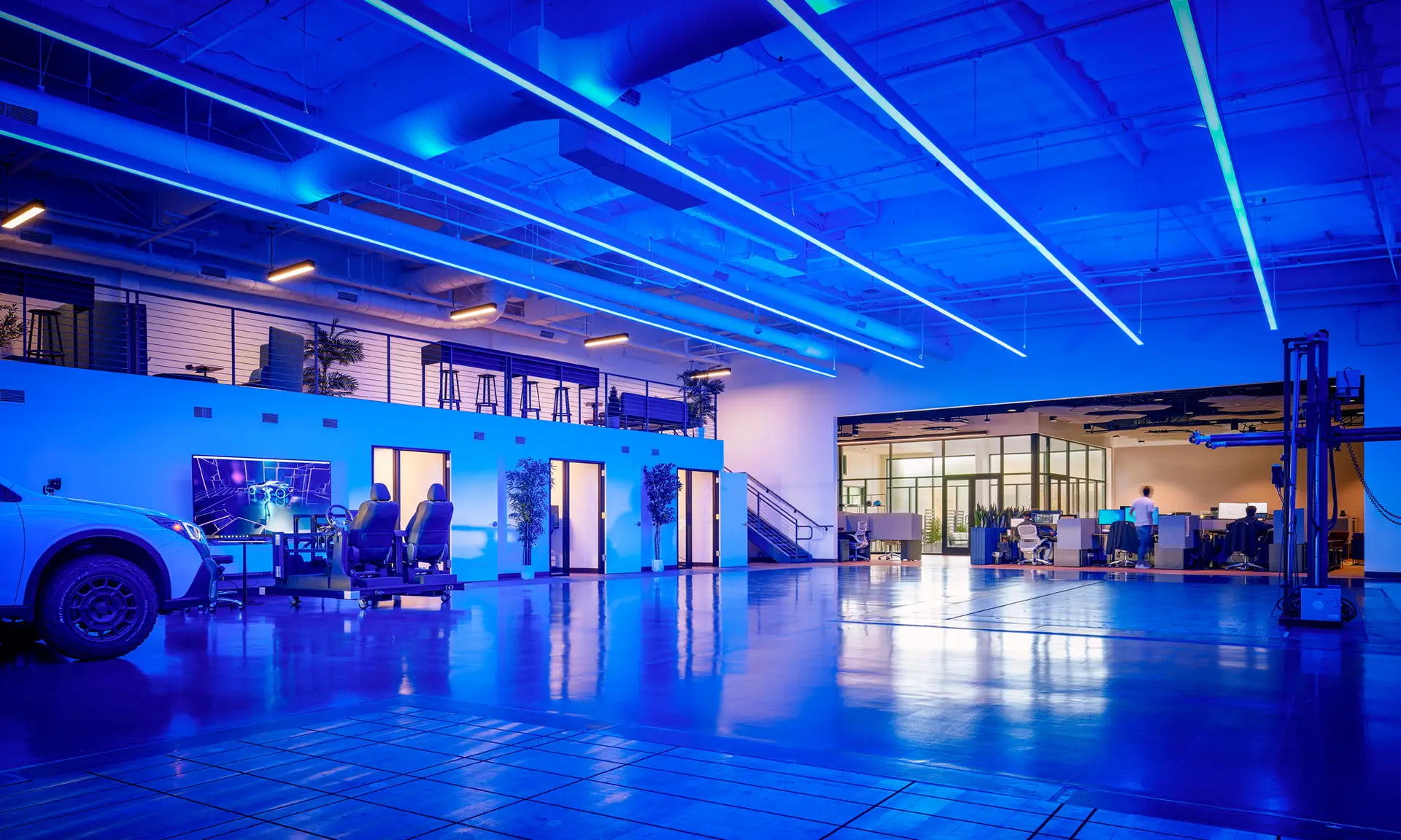 Subaru automotive design studio in Tustin, California, with color-adjustable blue lighting for vehicle design evaluation