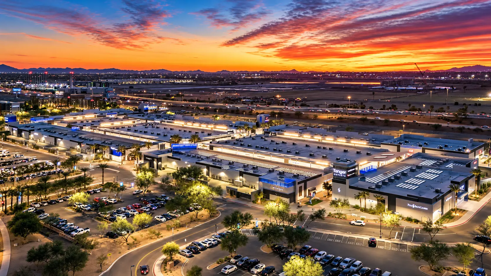 Tanger Outlets in Glendale, Arizona, illuminated at sunset