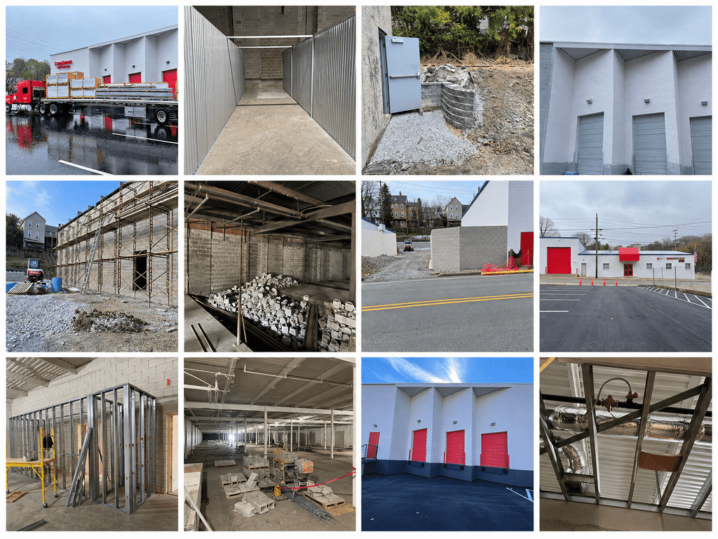 Construction progress at OpenSpace Self Storage in Jeannette: new masonry and metal-stud partitions, stacked unit doors, exposed ductwork and sprinkler piping, exterior roll-up doors, and the paved lot taking shape around the existing industrial building.