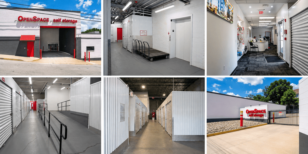 Completed OpenSpace Self Storage in Jeannette: the red entry and monument sign, leasing office, elevator and cart lobby, and climate-controlled corridors lined with roll-up unit doors.
