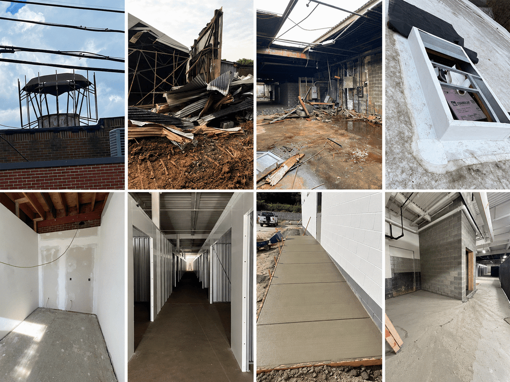 Material reuse during the OpenSpace renovation: selective demolition of roofing and interior fabric, a new roof curb, retained brick above new drywall, a finished unit corridor, a new concrete ramp, and rebuilt masonry walls.